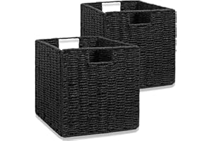 Aluusy Panier Rangement Tressé, Lot de 2 Cube Rangement Pliable en Papier de Jacinthe d'eau, Panier pour étagère Kallax, Bureau, Chambre, Panier pour Vêtements Jouets Magazines 28x28x28cm
