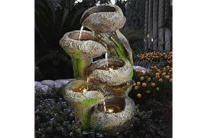AMUR Gartenbrunnen Brunnen Zierbrunnen Zimmerbrunnen Springbrunnen Brunnen BAUMSTUMPF & STEINSCHALEN mit LED-Licht 230V Wasserfall Wasserspiel für Garten