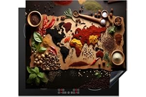 KitchenYeah© Herdabdeckplatte Induktion Schutzmatte Küche Herdabdeckung Ceranfeld Induktionsmatte Cerankochfeld Abdeckung Kräuter - Gewürze - Weltkarte - Braun - Löffel - Küche - 60x52 cm
