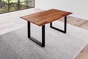 BETT11 SAM B-Ware Baumkantentisch 120x80cm Bria, Sheesham-Holz teakfarben gebeizt, Esstisch mit echter Baumkante, massiver Esszimmertisch mit U-Gestell Mattschwarz, Tischplatte 26mm
