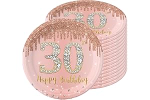 POPOYU Talerze papierowe na 30. urodziny, 16 sztuk jednorazowych talerzy urodzinowych, 23 cm, jednorazowe talerze papierowe dla chłopców i dziewczynek, różowe i złote talerze papierowe na imprezę urodzinową,