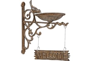 Relaxdays Cast Iron Hanging Bird Bath with WELCOME Sign, Garden Decor, Feeding Bowl, Font for Wild Birds, Brown
