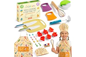 Jimadreams Kit Couteau Cuisine Enfant Montessori avec Tablier et Toque de Petit Chef - Kit Patisserie & Découpe, Set Couteaux Sécurisés et Ustensiles de Cuisine pour Enfants, Coffret Cadeau dès 3 Ans