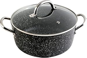 WECOOK! Granite Cazuela Alta Inducción Completa 20cm Tapa Vidrio, Aluminio Forjado 2,2 Litros, Antiadherente Ecológico Piedra sin PFOA, Asas Acero, Apta Todas Cocinas, Vitrocerámica, Gas, Horno