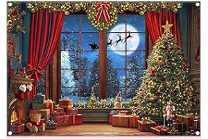 Luminora 2,1 x 1,5 m Joyeux Noël Sol Fenêtre Lune Renne Toile de Fond Arbre de Père Rideaux Rouges Fond Décorations de Vacances Fête Photo Bannière