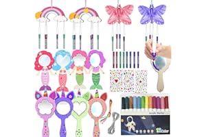 Gutenguy 37 Stück Holz Bastelset, Kinder Basteln, 4 Einhorn 4 Meerjungfrau, Regenbogen, Schmetterling mit Hängendem Klangspiele, Aquarellstift & Edelsteinaufkleber