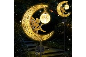 pyntop Solar Lights Outdoor Garden Ornaments, Solar Powered Fairy Moon Lamp Waterproof, Vintage Metal Moon Star Crackle Glass Ball LED Stake Lights Decorative for Balcony Lawn Patio Pathway Grave