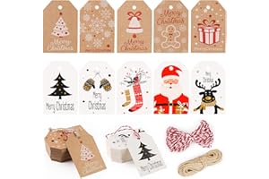 ‎KOOGEL Koogel Weihnachten Kraftpapier Etiketten, 100 Stück 10 Verschiedene Designs Geschenkanhänger Etiketten mit 20M Schnuren für Weihnachten Dekoration 7 x 4.5cm