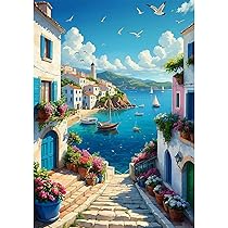 DCIDBEI 40x30CM 4 Lot Broderie Diamant Paysage Rural, DIY Rond Diamond Painting Maison en Bord de Mer, Loisirs Créatifs Adultes kit Tableau Diamant Océan Décoration Entrée Salon Chambre Bureau