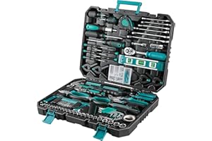 TLGREEN Werkzeugkoffer Gefüllt 198tlg Werkzeugkasten Haushalts Werkzeug Set mit Ratsche Steckschlüsselsatz Schraubenzieher Universal Werkzeug-Sets