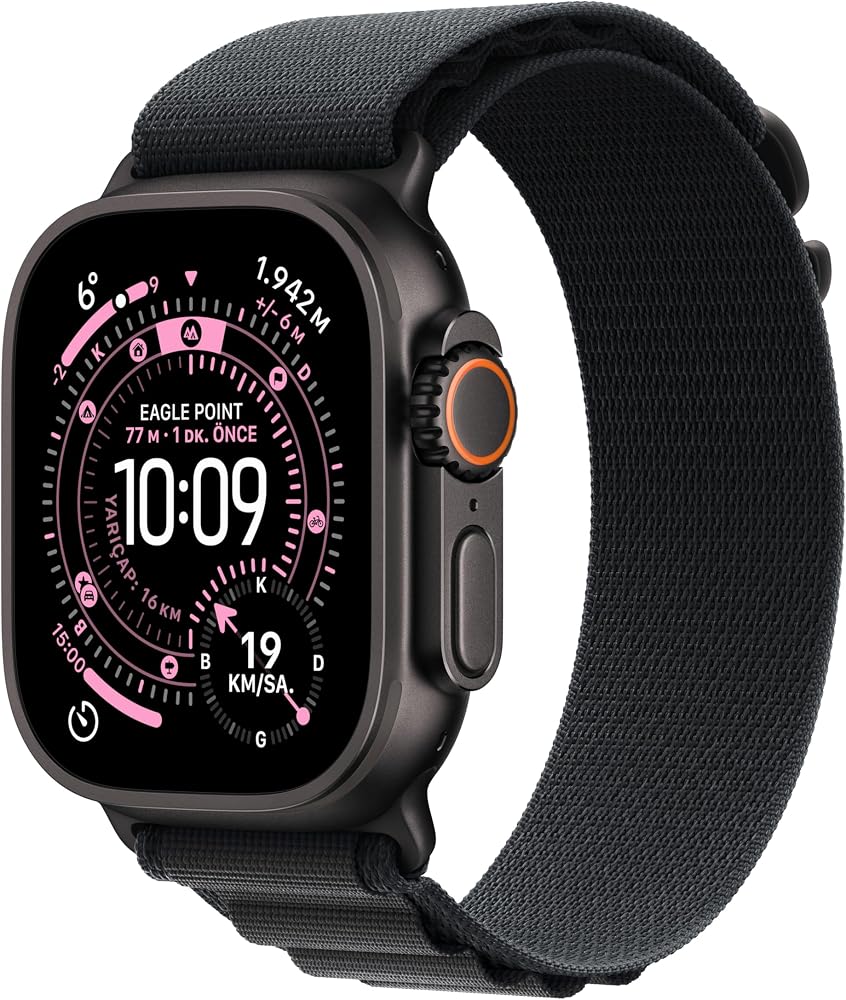 Apple Watch Ultra 3 GPS + Cellular 49 mm Koşu ve Çoklu Spor İçin Sağlam Titanyum Siyah Kasaya Sahip Üst Düzey Akıllı Saat ve Siyah Alpine Loop - Küçük Boy