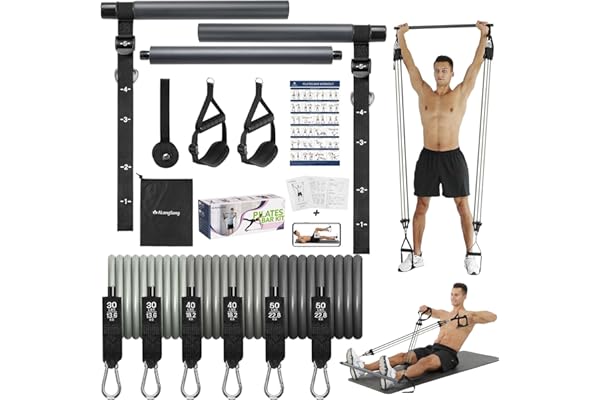 ALongSong Elastiques de Musculation Barre de Pilates avec 6 Bandes de Résistance Élastique 240LBS/360LBS Ancrage de Porte Réglable Amovible pour Fitness Yoga Étirement Squat