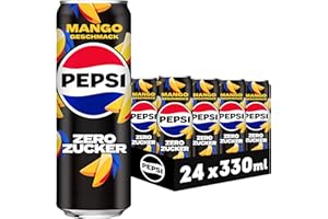 ‎PEPSI Pepsi Zero Zucker Mango, Das zuckerfreie Erfrischungsgetränk von Pepsi ohne Kalorien, Koffeinhaltige Cola mit Mango Geschmack in der Dose, EINWEG (24 x 0.33 l) (Verpackungsdesign kann abweichen)