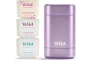 Wild - Déodorant Naturel Rechargeable - Sans Aluminium - Etui Violet avec Lot Varié de Recharge (3 x 40g) - Comprend Fresh Cotton & Sea Salt, Cherry Blossom et Coconut & Vanilla - Végan