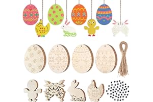 MIAHART 128 piezas de adornos de madera de Pascua, etiquetas de Pascua sin terminar, huevos, conejito, polluelo, recortes, rebanadas con cuerdas para manualidades de Pascua, decoraciones de Pascua