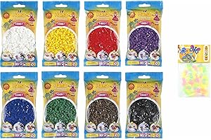 Hama Happy Price Toys Midi - Perline da stirare (Kon-1), 8 colori a tinta unita, bianco, giallo, rosso, viola, verde, blu, marrone, nero + 100 perline luminose HPT in 6 colori (bagliore al buio)
