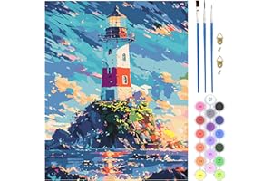 QENSPE Peinture par Numéros Paysage pour Adulte, Kit de Peinture DIY sur Toile Bricolage pour Adulte Paint by Numbers Kit avec Pinceaux Peinture de Dessin de Pigment Acrylique 40x50cm (Phare)