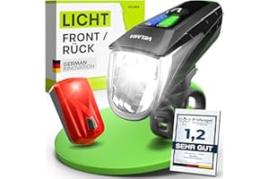 Luces Bicicleta Velmia [Set] - Luz LED autonomía de hasta 8,5h & 3 Niveles; Recargable USB; Estado de Carga & luminosidad; instalación sin Herramientas