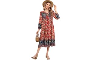 R.Vivimos Donne Eleganti Casual Bohemian Print Neck Tie Maniche Lunghe Abito da Spiaggia Lungo Midi Vestito Vacanze
