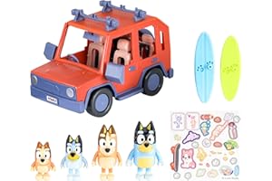 Bluey Pack del Todoterreno Familiar de los Heeler y 4 Figuras, Figuras de 6,3 cm, 2 Tablas de Surf y Pegatinas
