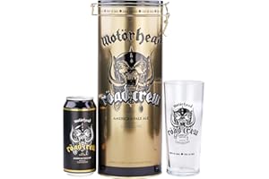 Motörhead Road Crew American Pale Ale Premium Tin Gift Set. Includes 440ml Can and Branded Glass and Pale British Ale by iconic Heavy Metal band. Perfect for Christmas. By Blue Tree Gifts.