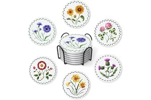 STARUBY Set of 6 Absorbent Ceramic Coasters with Coaster Holder Plant Series Pattern,Cork Bottom to Protect Table Top,Drink Coaster for Placing Cup,Decorating Table top, As a Gift