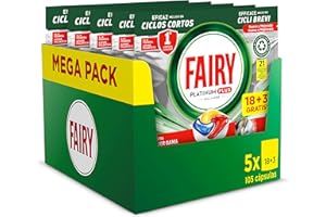 Fairy Platinum Plus Todo en Uno Pastillas Lavavajillas, 105 Capsulas Lavavajillas (5 x 21), Limpieza Profunda y Extra Brillo, Fragancia Limon