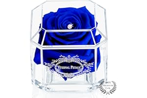 A 100% Real Rose That Lasts Years - Eternal Petals, Handmade in UK – White Gold Solo with A Multicolor Crystal (Dark Blue)