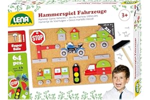 LENA 65826 Jeu de Marteau Véhicules avec 64 pièces colorées de différentes Formes, Plaque de Base en liège, env. 28x19,5x1,4 cm, Jeu de Marteau pour Les Enfants à partir de 3 Ans
