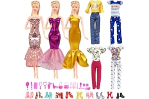 CARREUTY 31PCS Doll Clothes and Accessories for Barbie Doll, 3 Party Dresses 4 Fashion Casual Wear 8 Pairs Shoes 16 Jewelry Doll Clothes Outfit Accessories for 11.5 inch Doll Outfits Girl Kids Birthday Gift