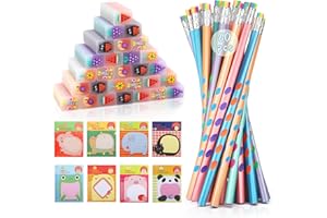 SKAMORI 60 Pezzi Matite con Gomma Gadget Compleanno Bambini, 20 Matite Bambini, 20 Gomme da Cancellare Bambini Divertenti e 20 Foglietti Adesivi, Regalini Fine Festa Compleanno Bambini Invitati