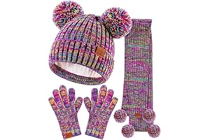 SENPUKI Hat Scarf and Gloves Set Kids, Winter Bobble Hat Beanie Knit Neck Warmer Gaiter Mittens Snood Scarf Gloves Fleece Lined Gifts Set for Girls Toddler Children