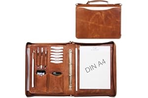 ‎ALMADIH ALMADIH Leder A4 Aktenmappe mit Reißverschluss, Tragegriff + Ringmechanik Premium Rindsleder BD Ledermappe Mappe Konferenzmappe Dokumentenmappe Schreibmappe Organizer Tagungsmappe (Braun Deluxe)