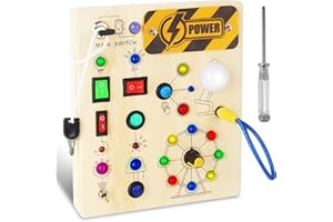 LIAILA Busy Board Montessori 1 2 3 Ans, Tableau d’Activités en Bois avec 10 Interrupteurs et 19 LED, Jouet Sensoriel Motricité Bébé, Planche Montessori, Cadeau Enfant Garçon Fille
