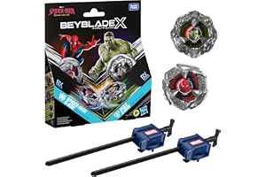 Beyblade X och Marvel Collab, Spider-Man 6-60R vs. Hulken 3-85N, två Takara Tomy-snurror, två avfyrare, stridssnurror att täv