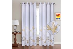 Chlophy White Blackout Curtains Gold Foil Printed Palm Leaves Trees Luxury Bedroom Eyelet 66×90 Lined Thermal 100% Total Room Darkening Window Curtain Living Room 2 Panels Nursery Boys Girls