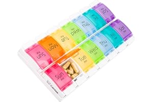 Cartee Weekly Pill Organiser | Easy to Open 2 Times a Day | Travel Tablet Medication Box with Push Button Pop Open Design | for Vitamins & Supplements (Double Row with Tray)