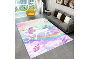 PEIHUODAN Mädchen Zimmer Teppich - Kuschelweicher Flanell mit Einhorn-Druck - Anti-Rutsch Rücken für Kinderzimmer - Rosa Dekoration für Mädchenzimmer (Farbe 3,140x200cm)