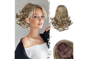 BARSDAR Cola de Caballo Extensiones con Cordón, 25cm Corta Ondulado Highlight Extensiones de Pelo Coleta para Mujer Sintetico Peines Clip in Cola de Caballo Postizos - Marrón Medio con Highlights