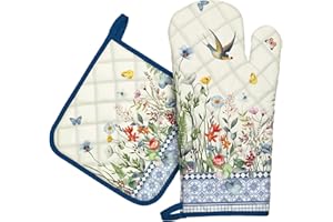Arquiel Gants De Four & Maniques Lot De 2, 100% Coton Maniques Cuisine Gant Four Anti Chaleur Extra-Longue pour Barbecue, Cuisine, Griller, Micro-Ondes(Fleurs et Oiseaux rétro Bleus)