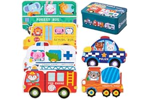 TOOCCBII Wooden Puzzles for Kids, 6 Pack Vehicle Jigsaw Puzzle Toy, Varying Degree of Difficulty Educational Learning Tool with Storage Box, Traveling Games Gift for 3 Year Old Girls & Boys Toddler Children