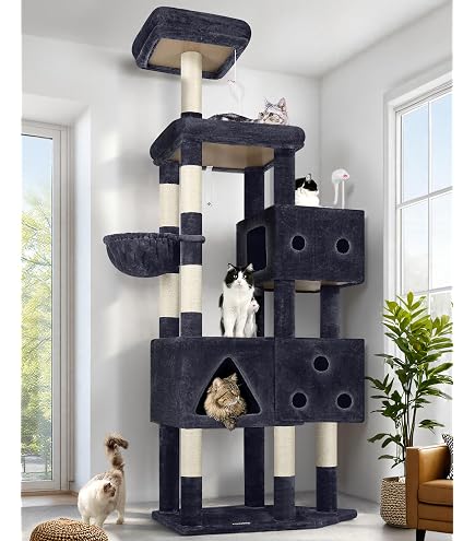 Globlazer 66-inch Corner Cat Tree Tower - Multi-Level Cat Condo With 3 Caves, Large Platform, For Multiple Cats (Dark Grey)