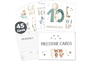 OLGS 45 Baby milestone cards Lino for boys and girls milestone cards set + gift box beautiful gift idea for birthday, christening or babyshower (animals, white, english)