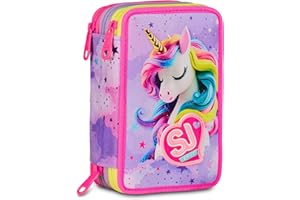 SJ GANG STYLE JAM GANG Astuccio Scuola 3 Zip Fable Journey, Rosa, Portapenne Triplo Scomparto Completo Di Penne, Matite, Colori, Accessori Zaino, Scuola Elementare, Bambina