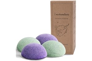 MYHOMEBODY Konjac - Spugne per il viso naturali, per la pulizia delicata e l'esfoliazione (2 viola lavanda, 2 verde salvia)