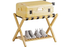 SMIBUY Bagażnik, składany bambusowy stojak na walizki z półką do przechowywania do pokoju gościnnego, sypialni, hotelu, Heavy-Duty (naturalny i czarny)