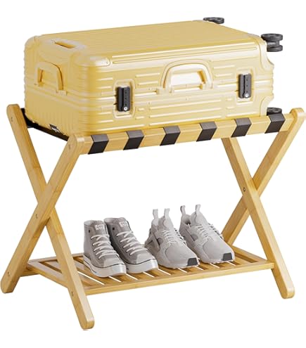Yosamy Kofferstandaard, inklapbaar, groot, 2 stuks, bagagedrager van bamboe, dubbellaagse bagagerek met 4 riemen, kofferkruk voor hotel en thuis, 64 x 45 x 52 cm