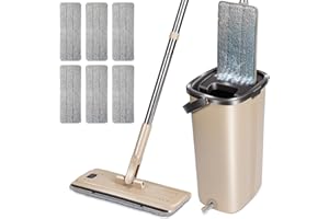 MASTERTOP Mocio Lavapavimenti in Microfibra e Secchio Strizzatore, Mocio Piatto Rotante 360°+ Secchio a 2 Scomparti di Mani Libere, con 6 Tamponis Riutilizzabili (Beige)