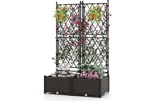HOMASIS Lit de Jardin Surélevé en Bois avec Treillis, Jardinière d’Extérieur avec Disque Auto-Arrosant, Trous de Drainage, Bac à Fleurs pour Plantes Grimpantes, Légumes 80 x 40 x 126 cm (Noir)