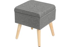 WOLTU Taburete con Espacio de Almacenamiento Cubo Reposapiés Caja de Almacenamiento Tapa Extraíble Asiento Acolchado de Lino Patas de Madera, 32x32x36,5CM Gris Oscuro, SH26dgr